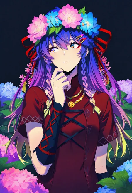 masterpiece, best quality, amazing quality, 1girl, solo, long hair, blue eyes, hair ornament, ribbon, closed mouth, jewelry, upper body, braid, hair ribbon, purple hair, flower, multicolored hair, short sleeves, hairclip, hand up, hair flower, necklace, red ribbon, looking to the side, gradient hair, leaf, side braid, pink flower, blue flower, multicolored eyes, arm warmers, cross-laced clothes, head wreath, hydrangea, multiple braids, cross-laced sleeves, mult1c0l0r3d, colorful, multicolored,
sololvl_style,
BV-Illu <lora:noobai_ep11_stabilizer_v0.138_fp16:0.3> <lora:BV_Style_Illu_Edition:0.8> <lora:Multicolor_Buns:0.5> <lora:SH_Sololvl_Style_v218:0.7>