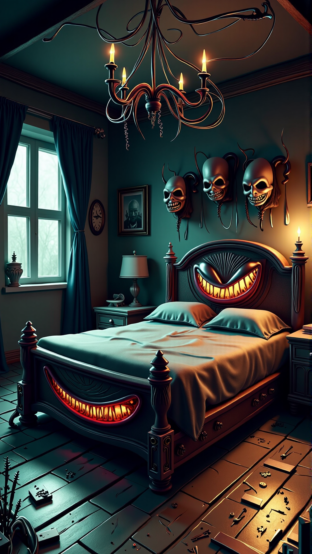 An image of a villainous item: A diabolical, villainous bed lies in the center of a dark, eerie bedroom. This malevolent piece of furniture has a twisted, maniacal smile carved into the wooden frame of its headboard, with menacing, jagged teeth and glowing red eyes. The bed's frame appears to be twisted and warped, as if it's been crafted from a nightmarish fusion of twisted metal and dark wood. The once-soft mattress now resembles a mass of dark, foreboding clouds, with a sinister smirk etched into its surface.
The bed's "smile" seems to grow wider as it appears to be watching its surroundings, exuding an aura of malevolence and evil intent. Its dastardly grin appears to be frozen in a perpetual, wicked sneer, as if it's plotting the demise of its next unsuspecting victim.
The bed sits atop a cold, dark hardwood floor, surrounded by tattered, black curtains that billow in the wind like dark, ghostly apparitions. The walls of the room are adorned with cobweb-covered portraits of forgotten souls, their eyes seeming to watch the bed with a mixture of fear and malevolence. A faint, flickering candlelight casts eerie shadows upon the walls, casting an air of foreboding and dread throughout the room.
In the darkness above, the silhouette of a twisted, gnarled chandelier looms, casting an ominous glow over the scene below. The air is heavy with malevolence, as if the very presence of this nefarious bed seems to be corrupting the atmosphere around it.<lora:VillainousStyleFlux:1>