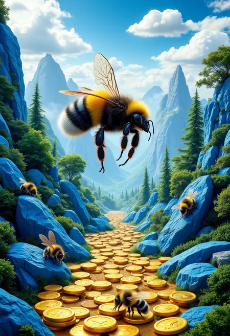 Bumblebee flying in air, land is made of blue and gold coins, coins have bees on them, mountains, trees, daytime, sky, fantasy, vibrant colors, masterpiece, high quality, high end, motion lines, artistic