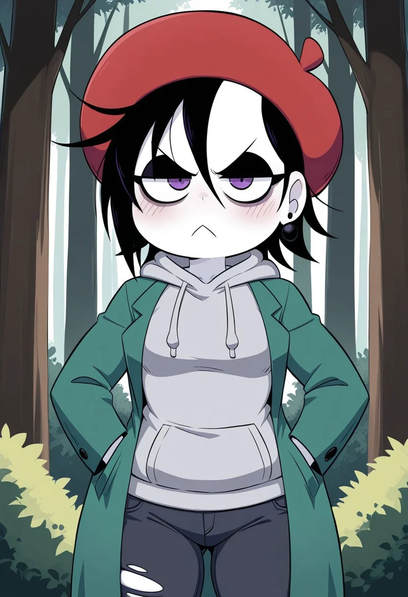 masterpiece, best quality, 1girl, solo, edgeleine_KG, white skin, purple eyes, messy hair, short hair, black hair, eyelashes, bags under eyes, black eyeshadow, red beret, earrings, green coat, grey hoodie, black ripped jeans, cute face, blush, looking at viewer, annoyed, :<, shortstack, small breasts, outdoors, forest