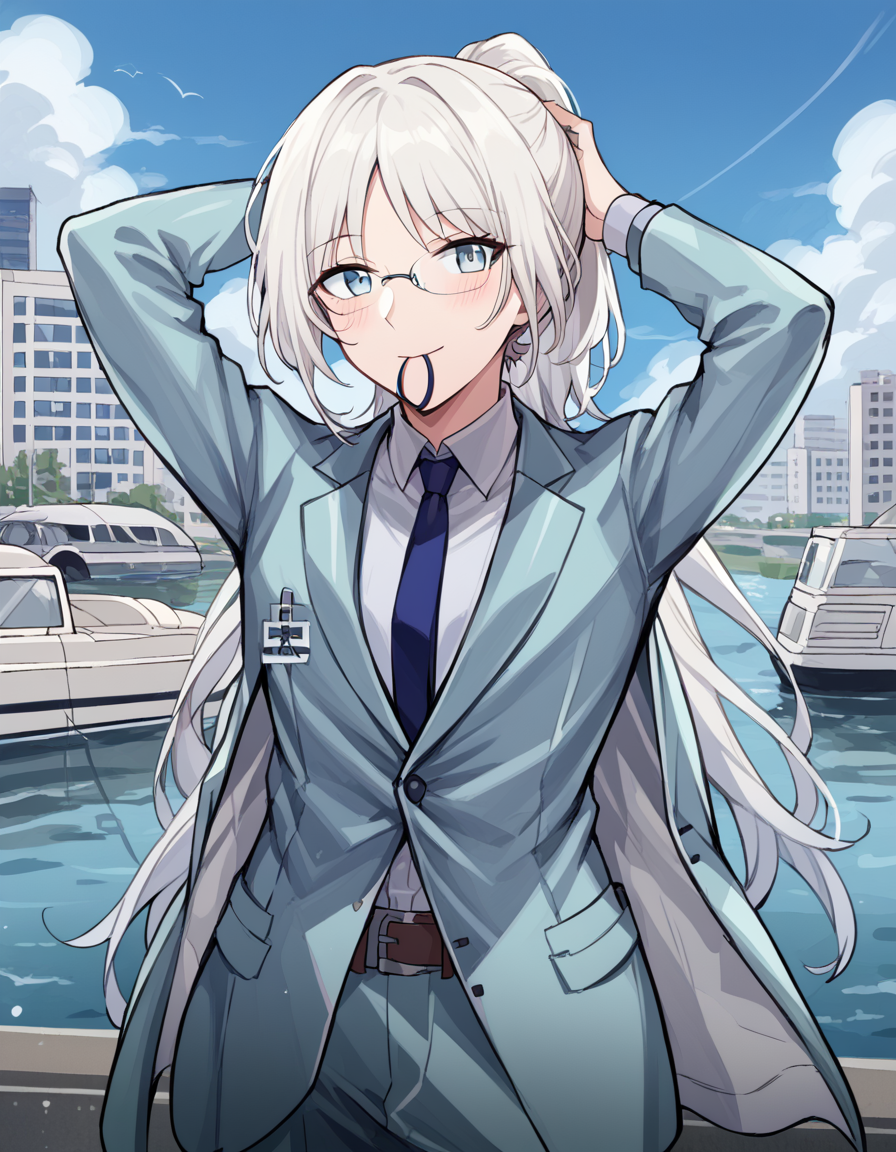 score_9, score_8_up, score_7_up, source_anime, <lora:girlsfrontline-an-94-ponyxl-lora-nochekaiser:1>, an-94, an-94 (girl's frontline), long hair, blue eyes, white hair,, aqua jacket, aqua pants, belt, bespectacled, blue necktie, brown belt, business suit, formal clothes, glasses, jacket, long sleeves, necktie, over-rim eyewear, pants, ponytail, semi-rimless eyewear, shirt, suit, white shirt, canal, water, boats, city, narrow, smile, <lora:hair-tie-in-mouth-ponyxl-lora-nochekaiser:1>, hair tie in mouth, hair tie, mouth hold, rubber band, blush, tying hair, adjusting hair, hands in hair, arms up, arms behind head, ponytail, hand in own hair, hair lift, cowboy shot, looking at viewer, looking at viewer, solo,, dutch angle, cowboy shot