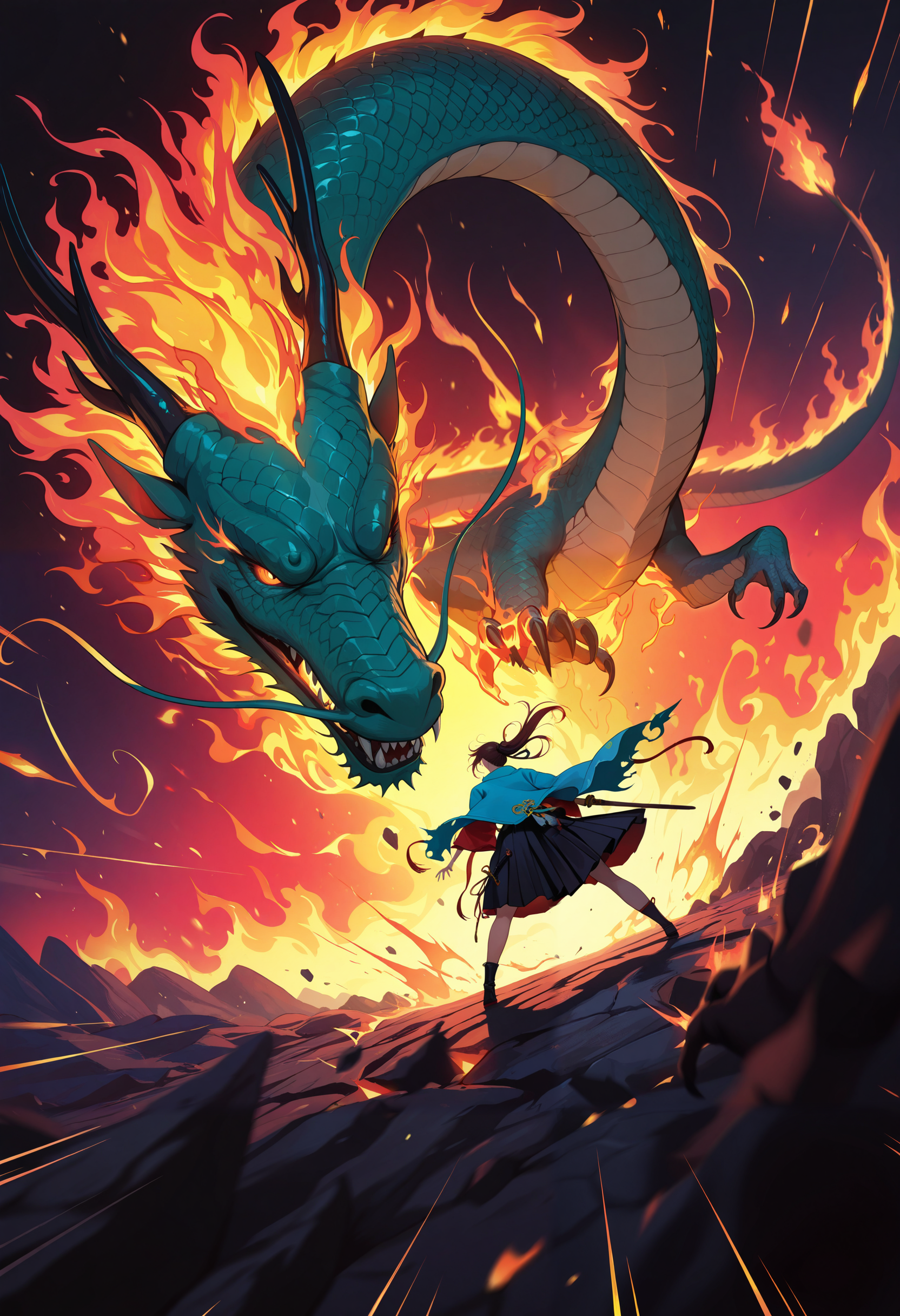 masterpiece, best quality, good quality, very aesthetic, absurdres, newest, 8K, depth of field, close up, 1girl, fighting, huge eastern dragon, dynamic angle, motion lines, battle, fiery background, neon flames, mist, asian, 