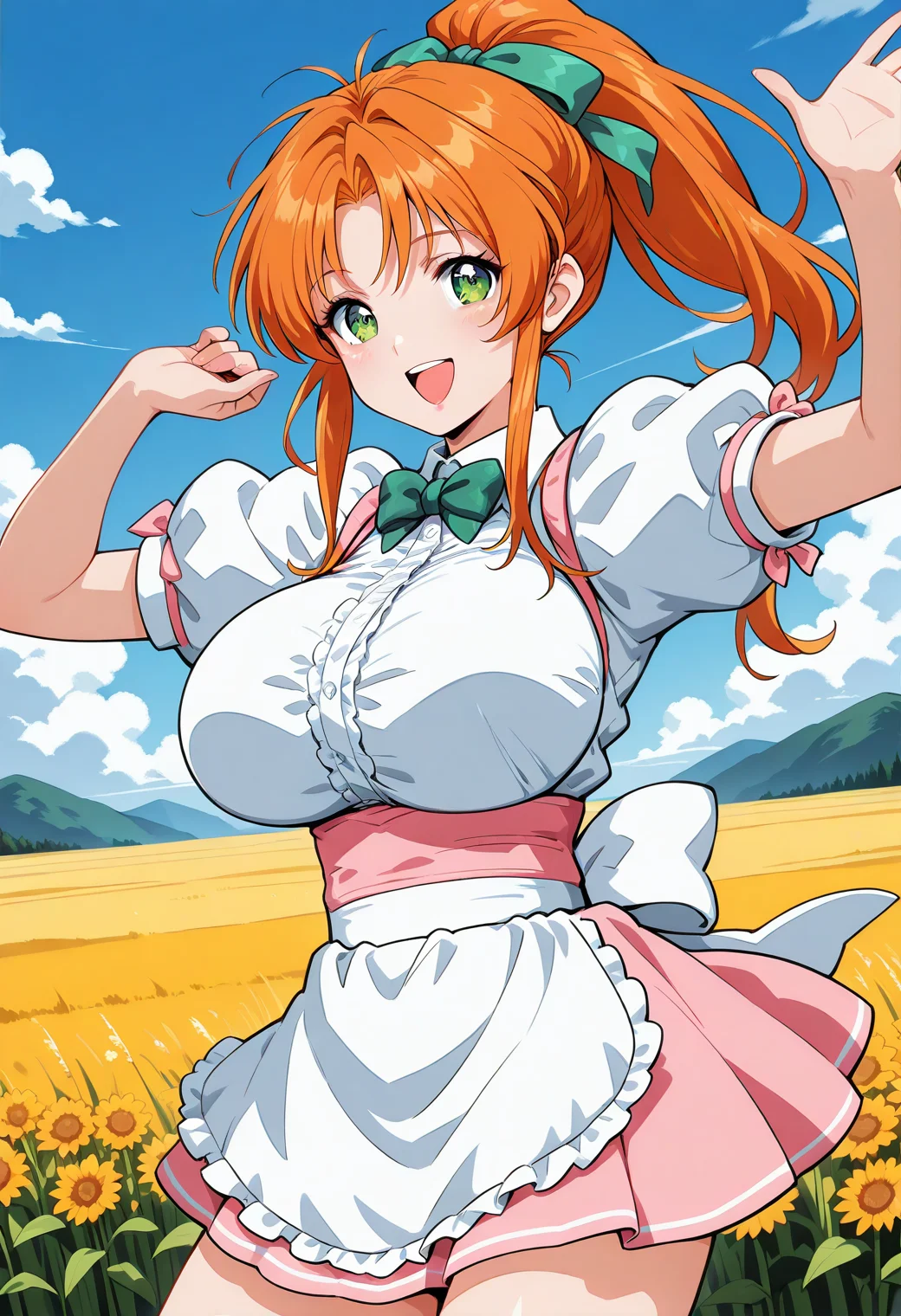 fukawa_miku, green eyes, orange hair, long hair, ponytail, hair ribbon, green ribbon, green bowtie, short sleeves, apron, waitress, pink skirt, <lora:fr_fukawa_miku_illustrious_ver1:0.8>
large breasts, smile, open mouth,, 1girl, solo, (field:1.2), (blue sky:1.2), looking at viewer,, masterpiece, best quality, general,, (cowboy shot, dynamic pose:1.4),