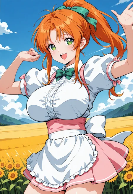 fukawa_miku, green eyes, orange hair, long hair, ponytail, hair ribbon, green ribbon, green bowtie, short sleeves, apron, waitress, pink skirt, <lora:fr_fukawa_miku_illustrious_ver1:0.8>
large breasts, smile, open mouth,, 1girl, solo, (field:1.2), (blue sky:1.2), looking at viewer,, masterpiece, best quality, general,, (cowboy shot, dynamic pose:1.4),