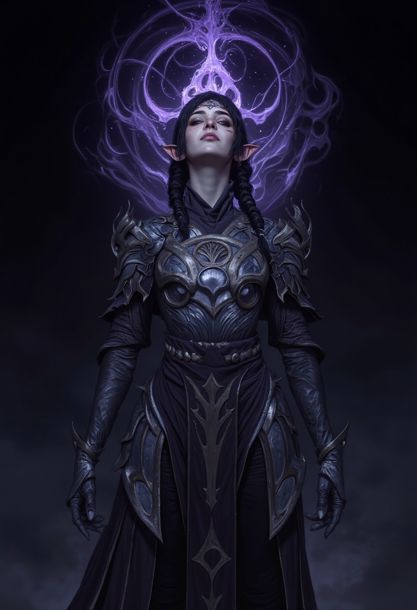 ShadowDJ, a digital fantasy artwork depicting a fantasy character with a dark, mystical theme. The character is a girl with light skin, sharp facial features, and long, braided dark hair. She is wearing an elaborate, dark armored outfit with intricate patterns and glowing purple accents. The armor includes a chest plate, shoulder guards, and a flowing skirt-like extension with geometric designs. The character is surrounded by a oily black halo, adding a magical aura to the scene. The background is a deep, dark shade, enhancing the ethereal and enigmatic atmosphere of the artwork. The character's expression is blissful and slightly sensual, with a slight smirk on her face as oily black tendrils lick at her face and body. The overall composition is centered, with the character standing upright, exuding a sense of power and mystery. oil-painting, romanticism, painting, elegance, opulence, beautiful, painterly, detailed, textural, artistic, aesthetic, intricate details, highly detailed, vivid, vibrant,