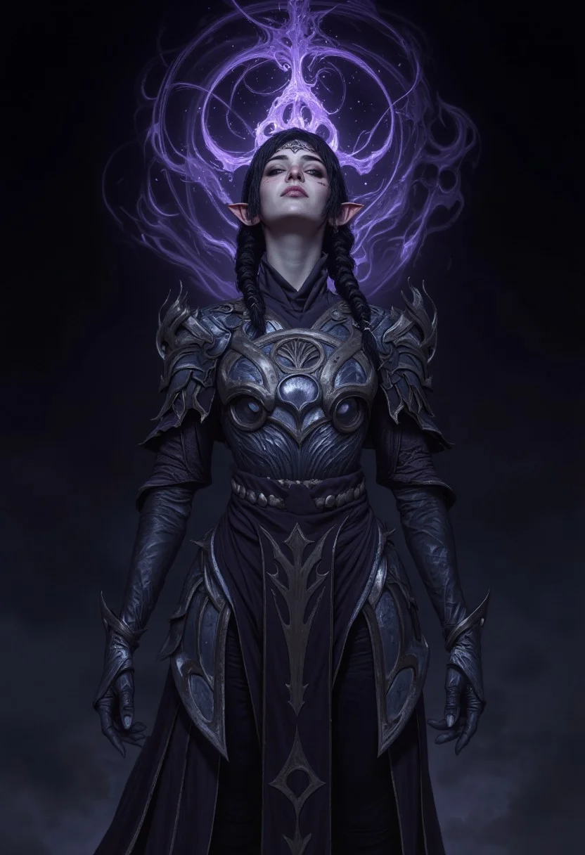 ShadowDJ, a digital fantasy artwork depicting a fantasy character with a dark, mystical theme. The character is a girl with light skin, sharp facial features, and long, braided dark hair. She is wearing an elaborate, dark armored outfit with intricate patterns and glowing purple accents. The armor includes a chest plate, shoulder guards, and a flowing skirt-like extension with geometric designs. The character is surrounded by a oily black halo, adding a magical aura to the scene. The background is a deep, dark shade, enhancing the ethereal and enigmatic atmosphere of the artwork. The character's expression is blissful and slightly sensual, with a slight smirk on her face as oily black tendrils lick at her face and body. The overall composition is centered, with the character standing upright, exuding a sense of power and mystery. oil-painting, romanticism, painting, elegance, opulence, beautiful, painterly, detailed, textural, artistic, aesthetic, intricate details, highly detailed, vivid, vibrant,