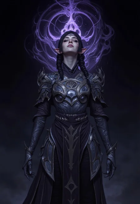 ShadowDJ, a digital fantasy artwork depicting a fantasy character with a dark, mystical theme. The character is a girl with light skin, sharp facial features, and long, braided dark hair. She is wearing an elaborate, dark armored outfit with intricate patterns and glowing purple accents. The armor includes a chest plate, shoulder guards, and a flowing skirt-like extension with geometric designs. The character is surrounded by a oily black halo, adding a magical aura to the scene. The background is a deep, dark shade, enhancing the ethereal and enigmatic atmosphere of the artwork. The character's expression is blissful and slightly sensual, with a slight smirk on her face as oily black tendrils lick at her face and body. The overall composition is centered, with the character standing upright, exuding a sense of power and mystery. oil-painting, romanticism, painting, elegance, opulence, beautiful, painterly, detailed, textural, artistic, aesthetic, intricate details, highly detailed, vivid, vibrant,