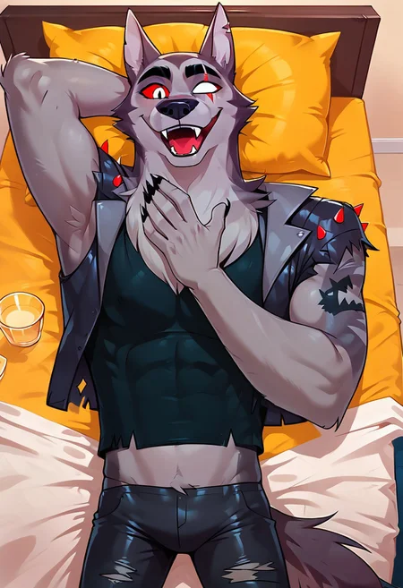 SCORE_9, SCORE_8_UP, SOURCE_ANIME, REALISTIC, BREAK, 1MALE, TEX, FACE FOCUS, LAYING BACK, FROM ABOVE, LOOKING DOWN, CLOSE UP, PORTRAIT, FRONT VIEW, FURRY, GREY FUR, (SCAR ACROSS EYE), (BLANK GLASS EYE), RIGHT EYE SILVER, RIGHT RED SCLERA, EAR SLITS, TANK TOP, SPIKED LEATHER VEST, BLACK VEST, RIPPED JEANS, WOLF TAIL, ARM TATTOO, LAUGHING, MOUTH OPEN, FANGS, OWN HANDS BEHIND HEAD, BREAK, IN HOTEL ROOM, ON BED, HIGH RESOLUTION, VIVD TEXTURES