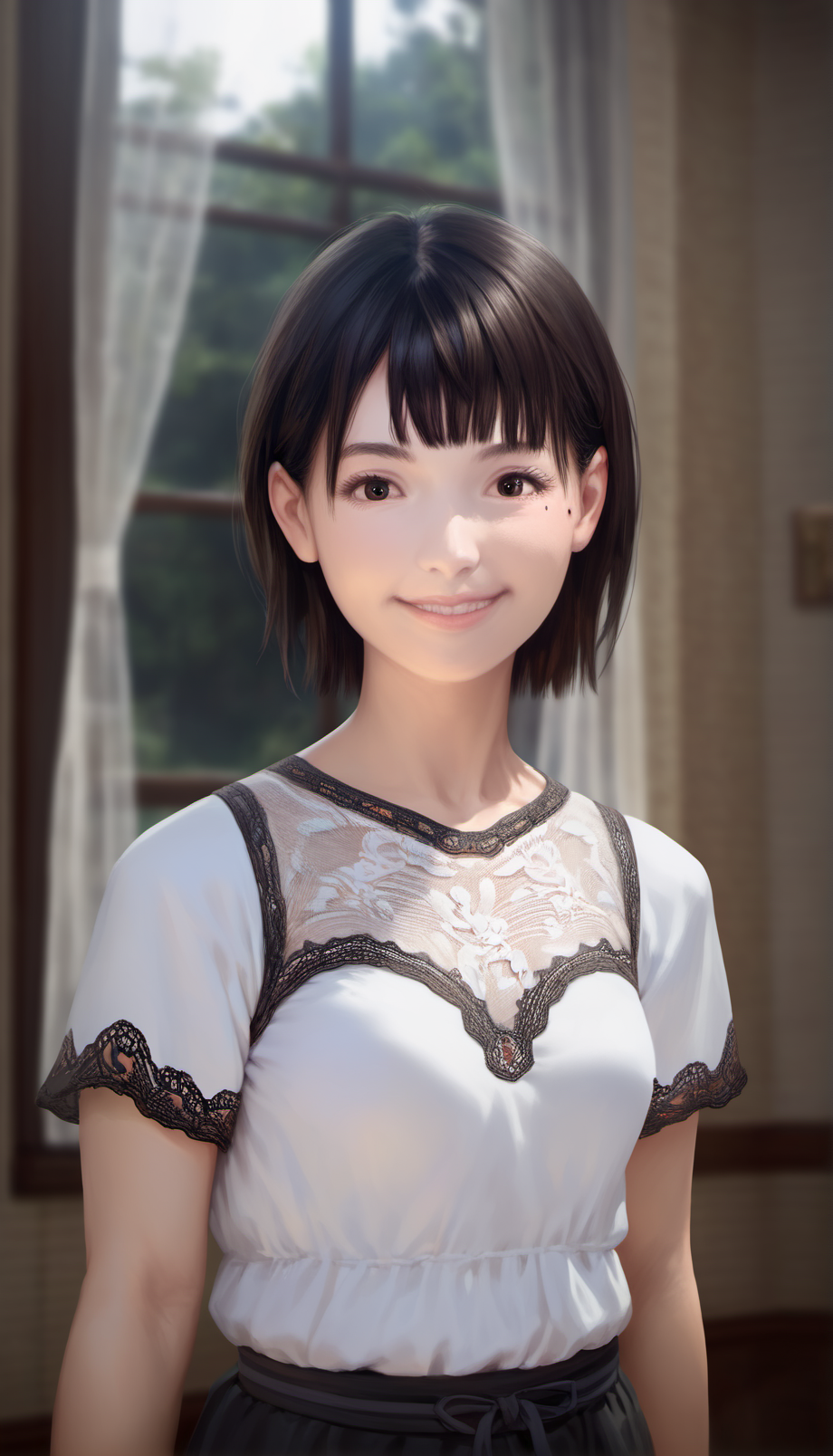 score_9,score_8_up,score_7_up,<lora:ChisatoShinjo:1>,
chisatoshinjo,
realistic,
1girl,solo,black hair,short hair,bangs,brown eyes,beauty mark,smile,white blouse with lace details,portrait,face focus,blurry background,indoors,living room,vintage room,window,the tree is visible through the window,warm cozy atmosphere,