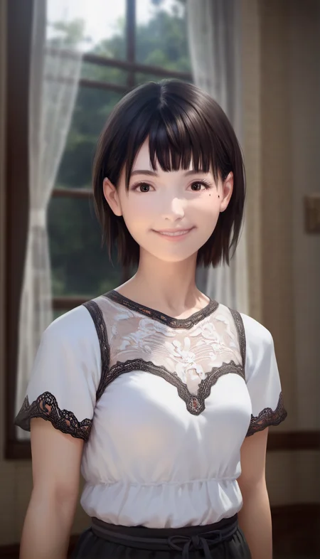 score_9,score_8_up,score_7_up,<lora:ChisatoShinjo:1>,
chisatoshinjo,
realistic,
1girl,solo,black hair,short hair,bangs,brown eyes,beauty mark,smile,white blouse with lace details,portrait,face focus,blurry background,indoors,living room,vintage room,window,the tree is visible through the window,warm cozy atmosphere,