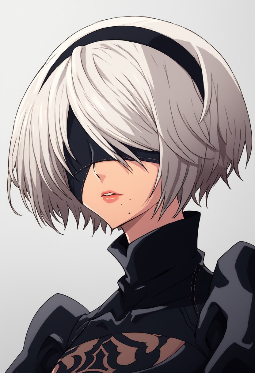 score_9, score_8_up, score_7_up, source_anime BREAK, zeroazureportraits, solo, upper body, simple background, upper body, 
2b, yorha no. 2 type b, short hair, white hair, hairband, mole, black hairband, mole under mouth, blindfold, covered eyes, black blindfold,