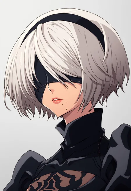 score_9, score_8_up, score_7_up, source_anime BREAK, zeroazureportraits, solo, upper body, simple background, upper body,
2b, yorha no. 2 type b, short hair, white hair, hairband, mole, black hairband, mole under mouth, blindfold, covered eyes, black blindfold,