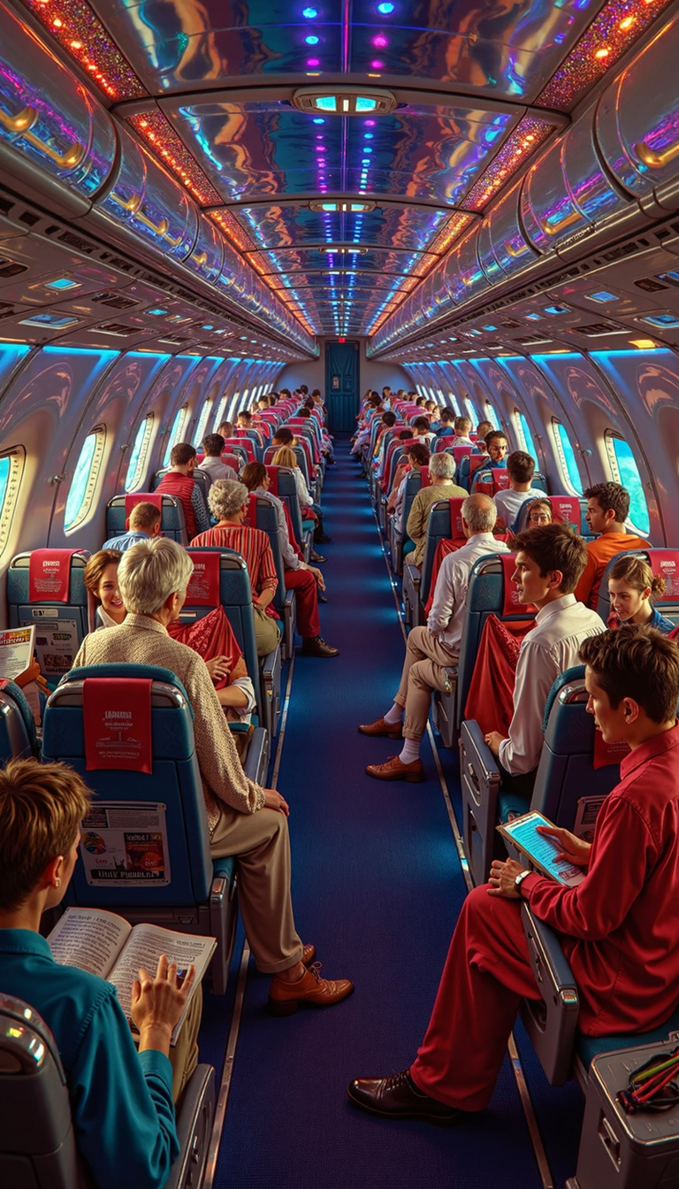 Bioluminescent,evangsurreal,surrealism,glitter, An  illustration depicting the opulent interior of a passenger aircraft in flight, showcasing the disparate experiences of its inhabitants. Render in a stylized realism, the image employs a rich,  saturated palette that evokes a sense of nostalgia and romanticism. The composition juxtaposes multiple vignettes within the aircraft's cabin, using a dynamic, skewed perspective that imbues the scene with a sense of movement.  Focus on the interplay of light and shadow, highlighting the luxurious textures of the seating, the sheen of polished metal surfaces, and the translucence of the cabin windows. Include details like scattered magazines, discarded headphones, and the subtle hum of the aircraft's engines to create a sense of verisimilitude. The overall ambiance should be one of quiet luxury and understated elegance.