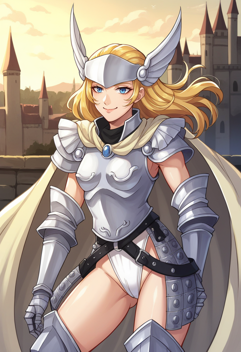 score_9, score_8_up, score_7_up, source_anime BREAK 1girl, solo,
<lora:zs_ArianrhodXL:1> arianrhodsmt, long hair, blonde hair, blue eyes, white leotard, armor, gauntlets, helmet, cape, boots
medieval castle, yellow sky, cowboy shot, smile