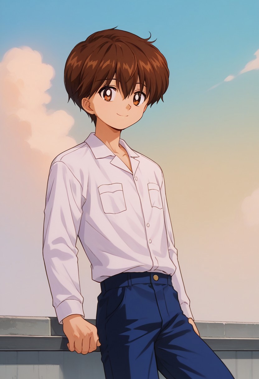 score_9, score_7_up, source_anime 
kanata, 1boy, male focus, solo, brown eyes, brown hair, short hair, bangs, hair between eyes, school uniform, shirt, white shirt, collared shirt, breast pocket, pants, smile
outdoor, sky,