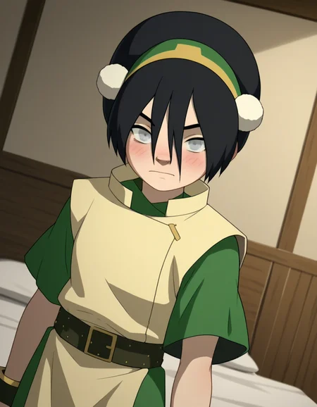 score_9, score_8_up, score_7_up, source_anime, <lora:toph-beifong-book2-ponyxl-lora-nochekaiser:1>, toph beifong, black hair, hairband, blind, grey eyes, hair between eyes, short hair,, shirt, green shirt, vest, belt, short sleeves,, indoors, bed, bed room, on side, blush, drunk, looking at viewer, solo, cowboy shot, dutch angle