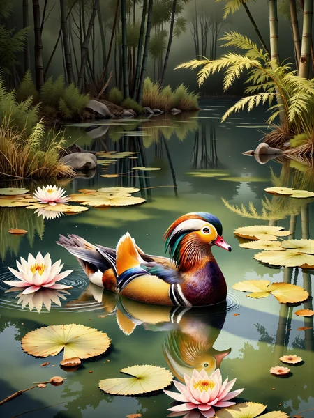 realistic nature illustration, intricately detailed watercolor painting of a mandarin duck in a serene nature scene, a calm wooded pond, the surface of the water is smooth, reflecting the surrounding environment with soft ripples as the mandarin duck glides effortlessly across, the backdrop consists of bamboo groves and lush trees in a spring setting in east china, the scene captures a moment of quiet tranquility, in the foreground, the mandarin duck's vibrant plumage is the focal point, its rich shades of orange, purple, and green feathers beautifully contrasting with the softer tones of the pond, around the edges of the water, soft pink and white water lilies float serenely, their delicate petals scattered across the surface, near the banks, reeds and tall grasses sway gently in the breeze, and ferns grow from shaded patches of earth, in the background, dense clusters of bamboo and leafy green trees rise into the distance, casting soft shadows that dapple the light across the pond, the duckâs plumage is an exquisite display of natureâs beauty, with a fan-like crest that arcs gracefully over its head, deep purple and orange feathers layer over the back, while the delicate detailing of its white and blue wings contrasts against the pond's surface, its beak is bright red, catching the light softly, a wide vertical shot, taken slightly from above, allowing the viewer to look down onto the scene, showcasing the duck, the lily-strewn pond, and the surrounding vegetation, soft, diffused light bathes the scene, creating gentle reflections on the water and highlighting the bright colors of the duck, the lighting is warm and dappled, with sunlight filtering through the bamboo and trees, casting intricate shadows that dance across the pond and highlight the subtle ripples, soft glows around the water lilies enhance their delicate beauty, watercolor painting on high-quality textured paper, utilizing fine brushstrokes to capture the intricate details of the duckâs feathers and the delicate ripples on the pondâs surface, layers of translucent washes create depth and softness, while more vibrant, saturated hues define the duck's plumage and the flowers, dappled sunlight, crepuscular rays, volumetric lighting, intricate details, quaint, picturesque, painterly, <lora:style-watercolor_painting-variant_2-flux-by_adel_ai:1.1> <lora:image_enhancer-flux-by_dever:0.76>