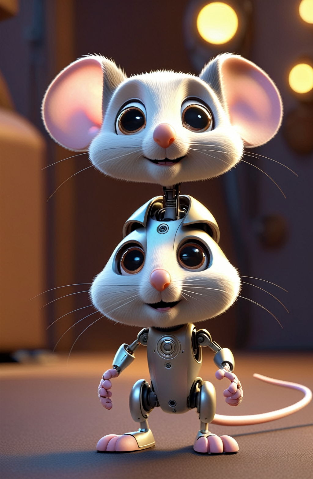 Super cute mouse robot, anthropomorphic Pixar style, standing, charming big eyes, sweet smile, lovely tail, surrealism, film lighting, high quality, octane rendering, high detail, high resolution, photo realism , Rendering av Gaugin
 <lora:Overgrown-SDXL:0.2> <lora:Chenorbyl_v1:0.2> <lora:sdxl_photorealistic_slider_v1:0.4>  <lora:Face_Robotics_sdxl:0.4>