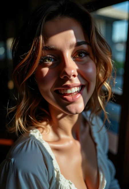 stunningly beautiful 18 year old Swedish model laughing, wearing a v-neck blouse, unnaturally large and colorful eyes, light pale skin, incredibly cute smiling face, visible cleavage, large breasts, light and shadows from a window are visible on her breasts, dimly lit, cinematic lighting, photoshoot, bokeh, incredibly detailed, blue eyes, side view, viewed from above