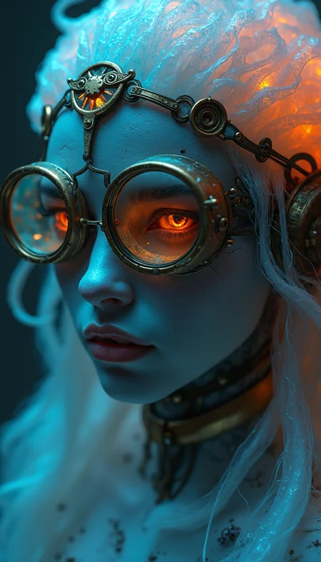 Ethereal cyborg woman, bioluminescent jellyfish headdress. Steampunk goggles blend with translucent tentacles. Cracked porcelain skin meets iridescent scales. Mechanical implants and delicate tendrils intertwine. Human features with otherworldly glow. Dreamy aquatic hues contrast weathered metal. Reflective eyes capture unseen worlds. Soft bioluminescence meets harsh desert backdrop. Fusion of organic and synthetic, ancient and futuristic. Hyper-detailed textures, surreal atmosphere.