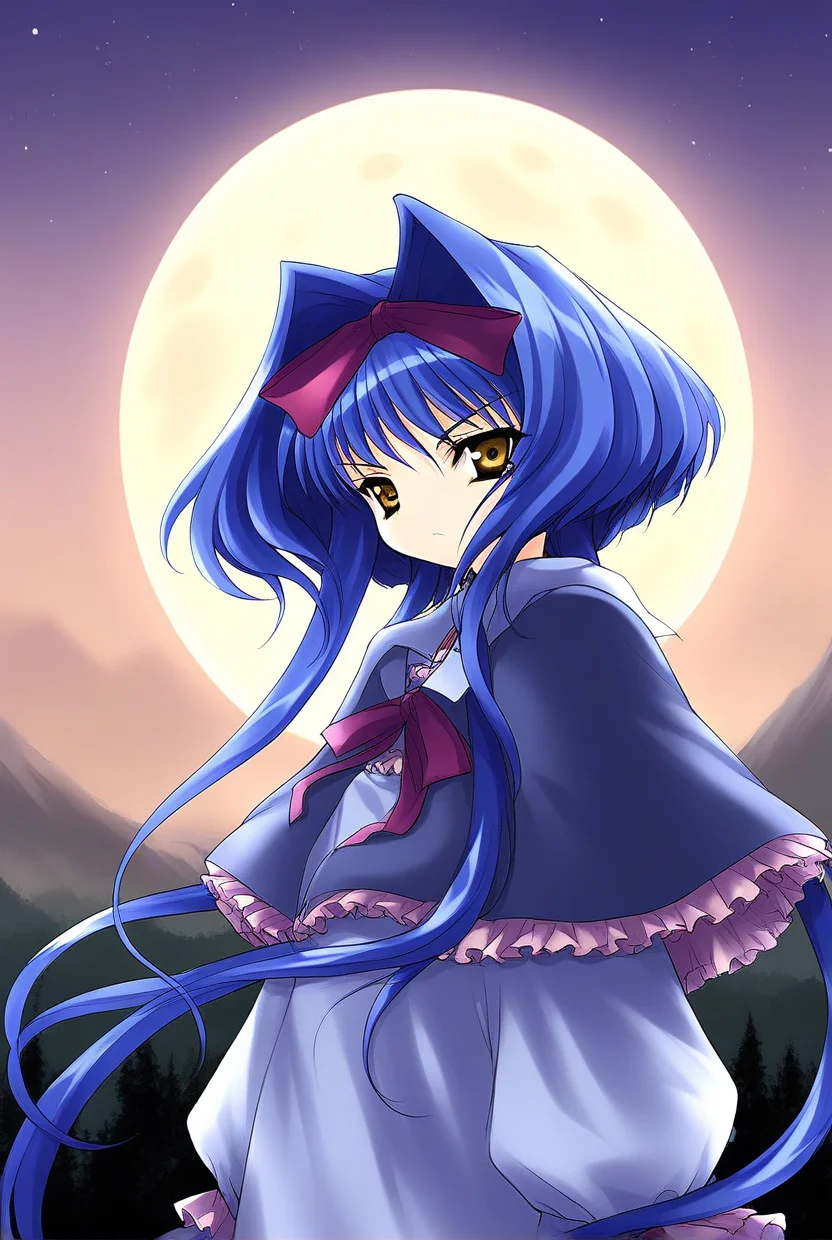 score_9, score_8_up, score_7_up, source_anime, rating_explicit, BREAK  <lora:Shion_IES_Ver2.0_XL:1> Shion_IES, very long hair, blue hair, hair bow, hair intakes, brown eyes, short stack,
 solo, bow, upper body, capelet, frills, yellow eyes, hair ribbon, looking at viewer,
serious face,
full moon, night, scenery, sky, outdoors, night sky, mountain, nature