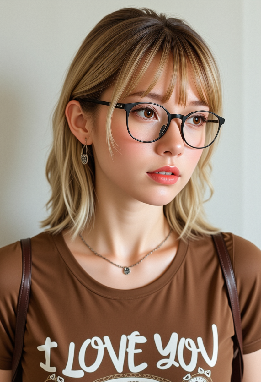She is approximately 18 years old. Hyperrealism, (dynamic angles), profile headshots, from the side, of a beautiful, stunning unique female character. she has blonde hair. her eyes are filled with joy and excitement, extravagant eyelashes, a photo of Ch0c0_V2, a woman wearing glasses, she is wearing a brown shirt with white writing that reads " I love you!", and a brown necklace. The woman is posing confidently. simple beige background. She has a slight smile on her face and is looking directly at the camera. The background is a simple white wall.. making this image a masterpiece of photography and digital art. Style: realistic hyper-detailed rendering, 32k UHD, expressive eyes, punk, graphic design, girl's face, pretty and cute, gleaming lips, white skin, telling a tale of adventure. Exuding confidence and serenity. The background is a simple white wall. The overall mood of the image is happy and relaxed.RAW candid cinema,16mm,color graded portra 400 film,remarkable color,ultra realistic,textured skin,remarkable detailed pupils,realistic dull skin noise,visible skin detail,skin fuzz,dry skin,shot with cinematic camera,detailed skin texture,(blush:0.2),(goosebumps:0.3),subsurface scattering,beautiful photograph in the style of Augustus John,Sergio Toppi,Virginia Frances Sterrett,8k HD,detailed skin texture,ultra realistic,textured skin,analog raw photo,cinematic grain,whimsical,detailed hand,perfect hand.perfect style.