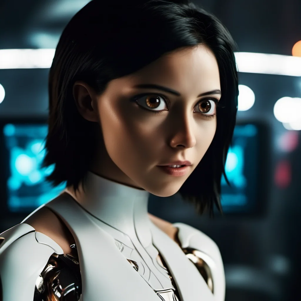 cinematic photo a woman with big eyes, portrait, futuristic white body suit, cyberpunk background <lora:Alita1024-2024:0.8> . 35mm photograph, film, bokeh, professional, 4k, highly detailed