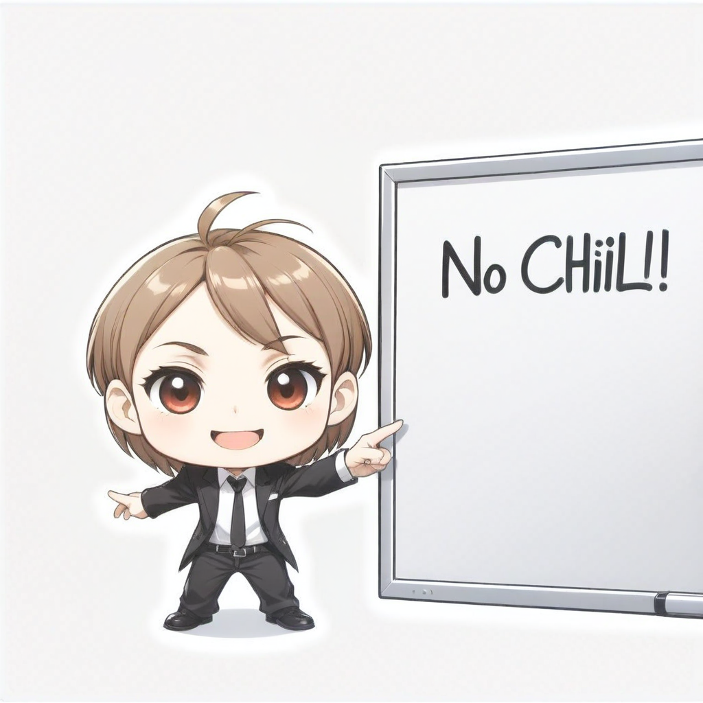 chibi pointing to a whiteboard saying "no chill", evil grin