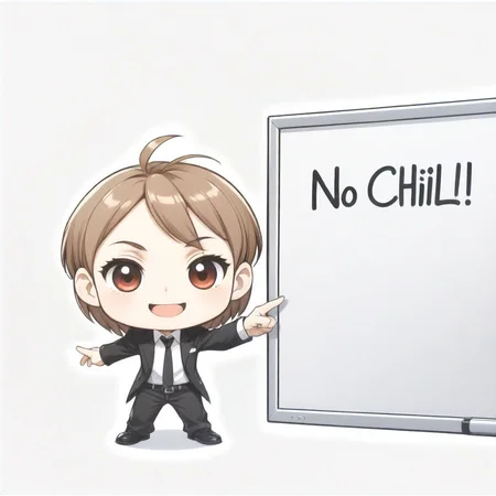 chibi pointing to a whiteboard saying "no chill", evil grin