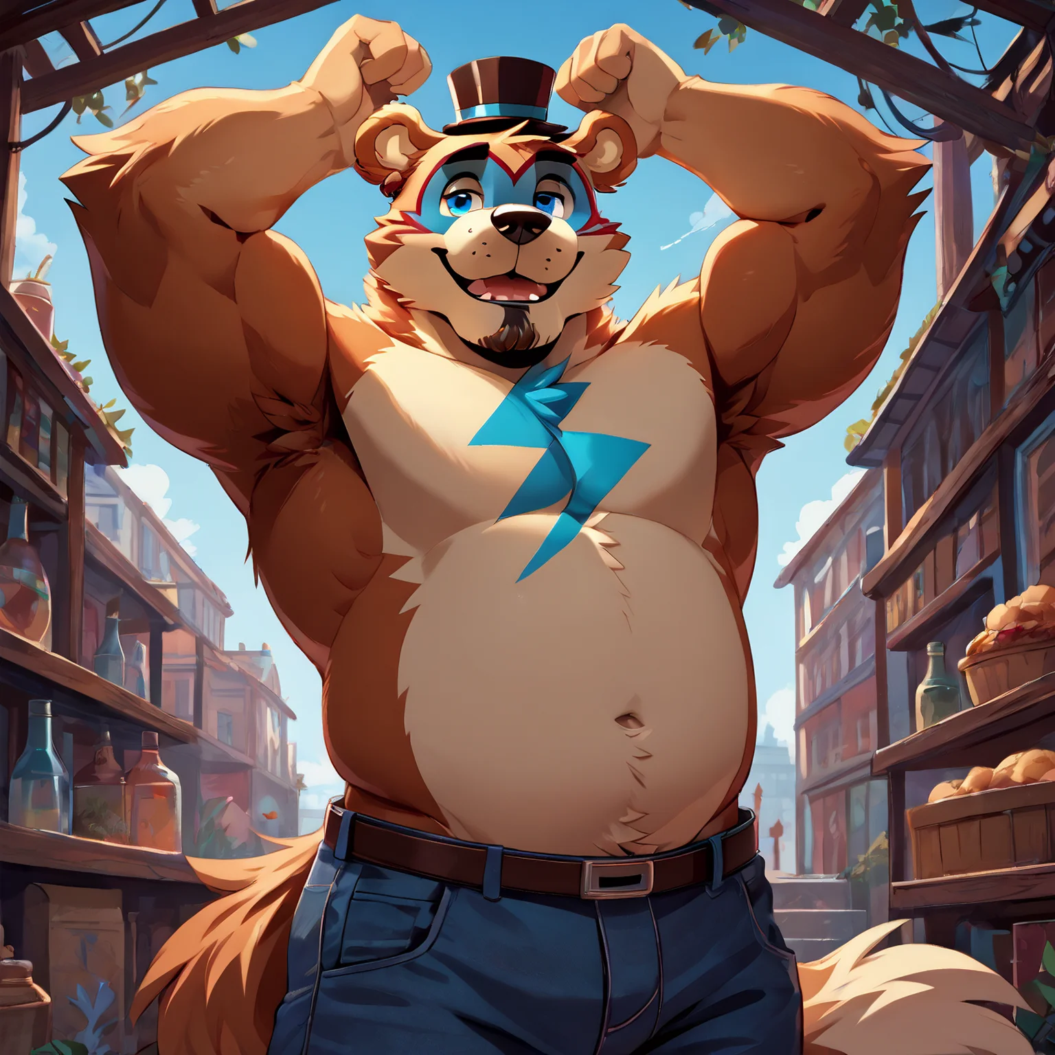 <lora:bigfreddy_ponyxl-10:1>  score_9_up, score_8_up, score_7_up, source_furry, best quality, masterpiece, (bigfreddy), bear ears, solo, (looking at viewer), perfect body,  (perfect anatomy),  fluffy paws, (fluffy paws), detailed ears, detailed hands, detailed body, perfect body, (detailed hands),  zPDXL3, detailed hat, male focus,  (flat chest), fluffy head:0.8,  (black bowtie),, muscular, older, mature male, pants, 
 <lora:HandFixer_pdxl_Incrs_v1:0.5>
