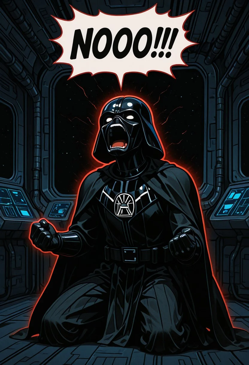 solo, portrait, 1boy, male, darth vader, speech bubble, NOOO!!!, screaming, kneeling, posing, dramatic lighting, ominous, wires, power, clenched hands, spacecraft interior, red outline, black background, rich colors, simplified, minimalist, cinematic, BREAK, masterpiece, best quality, newest, absurdres, highres, comic book,