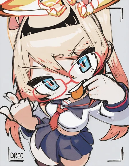 StyleBirdBlitz,(masterpiece, best quality, very awa), chibi, \\n(flat color), 1girl, solo, smile, long_hair, breasts, blush, looking_at_viewer, facing towards viewer, (closeup), portrait, (upper body), open_mouth, blue_eyes, blonde_hair, red skirt, eyebrows_visible_through_hair, thighhighs, white shirt, red tie, long_sleeves, original, navel, twintails, school_uniform, hair_between_eyes, very_long_hair, standing, pink_hair, pleated_skirt, glasses, serafuku, shoes, tongue, teeth, midriff, miniskirt, sailor_collar, tongue_out, grin, bag, zettai_ryouiki, blue_skirt, upper_teeth, white_footwear, large halo, broken halo, orange halo, red-framed_eyewear, midriff_peek, one arm doing middle finger, (outstretched arm), (hand pull own mouth, finger in own mouth:1.2), (from above:1.2), height difference, (recording:1.1),grey background, simple background