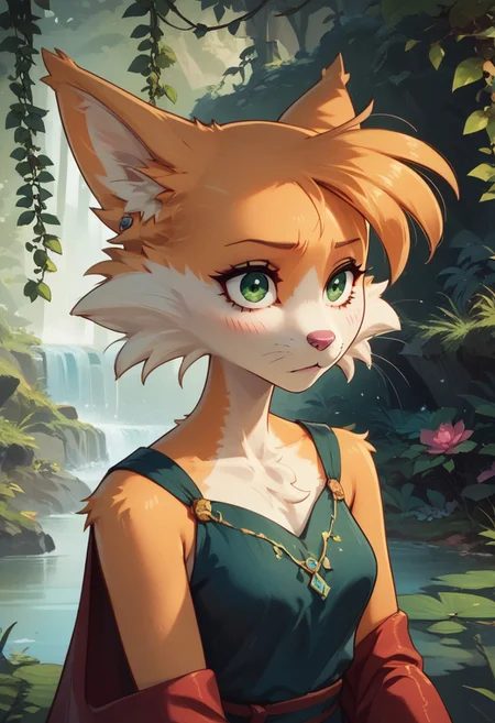 score_9, score_8_up, score_7_up, Rolo, 1girl, solo, animal ears, furry female, body fur, animal nose, white fur, green eyes, short hair, tail, fox ears, fox girl, two-tone fur, fox tail, orange fur, highly detailed, intricate, zzCitronCAT, enchanted grotto scenery