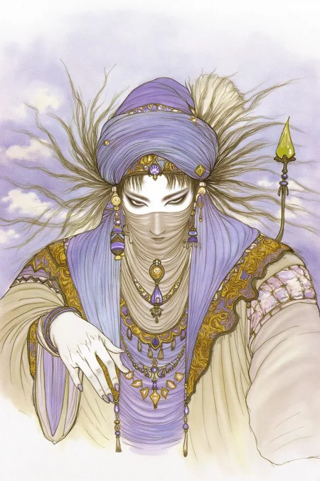 amayo illustration.
A male wizard with a light, almost translucent complexion and almond-shaped eyes, adorned with intricate, swirling patterns around them. His face is partially obscured by a flowing, ornate headdress draped in rich, deep purple fabric adorned with gold accents, including beads and tassels, giving it an exotic, Middle Eastern aesthetic. <lora:amayo1_cap_d6a3e11:1.0><lora:827317547394166287:0>