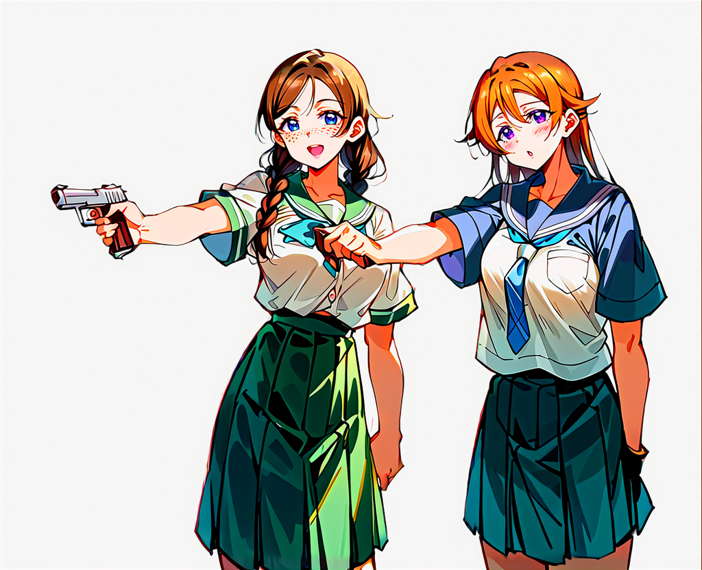 score_9, score_8_up, score_7_up, score_6_up, source_anime, (2girls:1.7), (multiple girls:1.7), duo, pair, <lora:LLChar_Pony_Niji:0.25> love live!, <lora:Royale_With_Cheese_Pony:0.6> rwc, 2girls,holding gun, standing, revolver,
BREAK (emma verde, blue eyes, twin braids, brown hair, freckles, large breasts, long hair, school uniform, holding gun),
BREAK (konoe kanata, large breasts, long hair, orange hair, purple eyes, school uniform, holding gun),