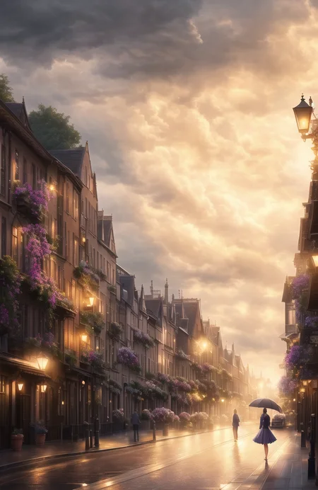 award winning beautiful girl in a street, storm,((dark storm clouds)), fluffy clouds in the sky, shaded flat illustration, digital art, trending on artstation, highly detailed, fine detail, intricate, ((lens flare)), (backlighting), (bloom), Style by (Style-Empire:1.15)