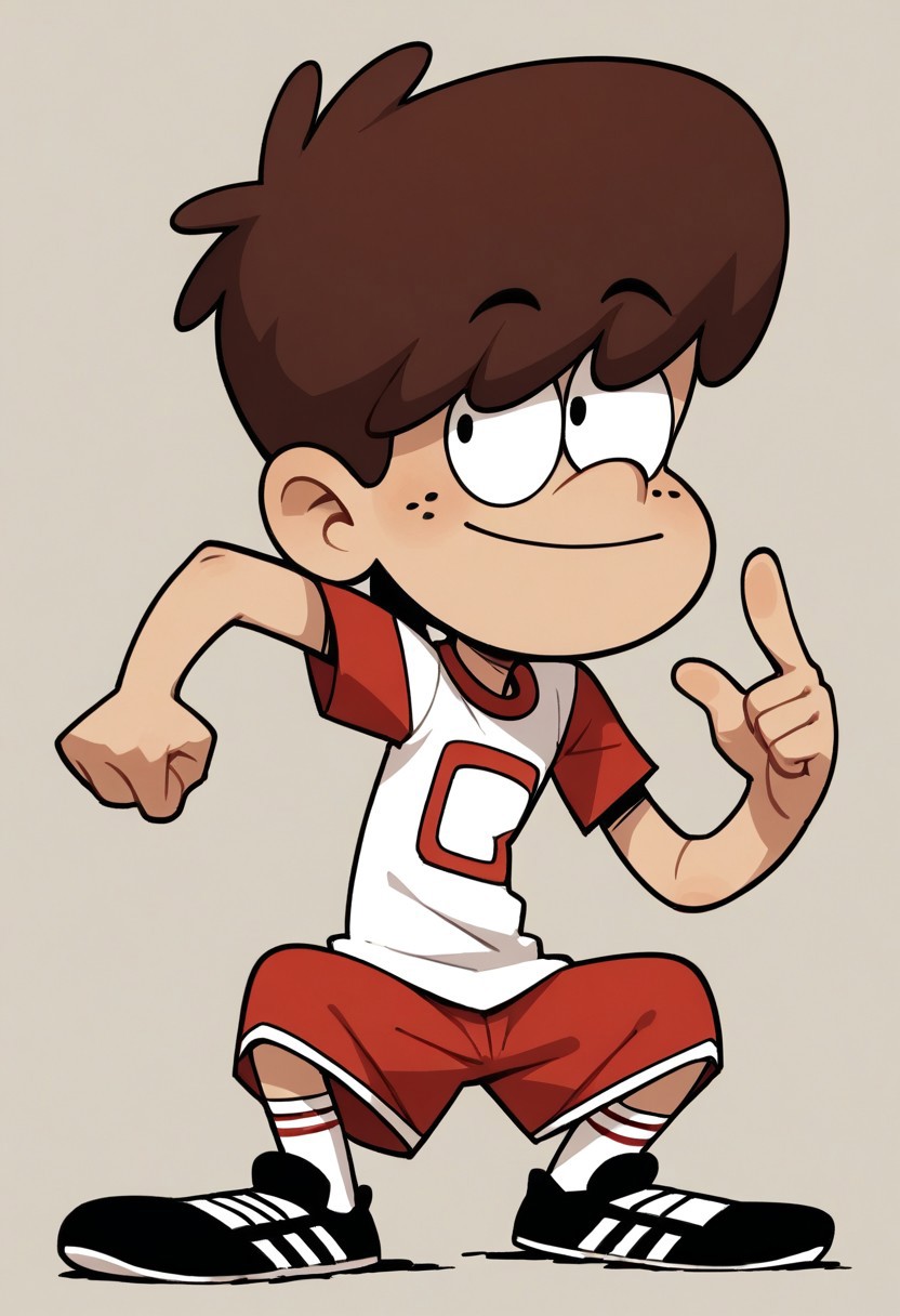 (score_9 | score_8_up | score_7_up) ((masterpiece:1))(best quality,very high quality,ultra detailed:1.2) (2D,cartoon style,anime style)(Smooth:2)(clean blurring) (four fingers on each hand,one thumb on each hand:1), Boy Lynn loud, solo, 1boy, Brown hair, thick Brown hair, round nose, freckles, red And white jersey shirt with a 0 on it, red And white shorts, white socks, black shoes