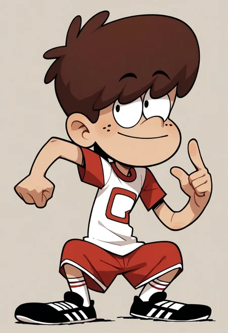 (score_9 | score_8_up | score_7_up) ((masterpiece:1))(best quality,very high quality,ultra detailed:1.2) (2D,cartoon style,anime style)(Smooth:2)(clean blurring) (four fingers on each hand,one thumb on each hand:1), Boy Lynn loud, solo, 1boy, Brown hair, thick Brown hair, round nose, freckles, red And white jersey shirt with a 0 on it, red And white shorts, white socks, black shoes