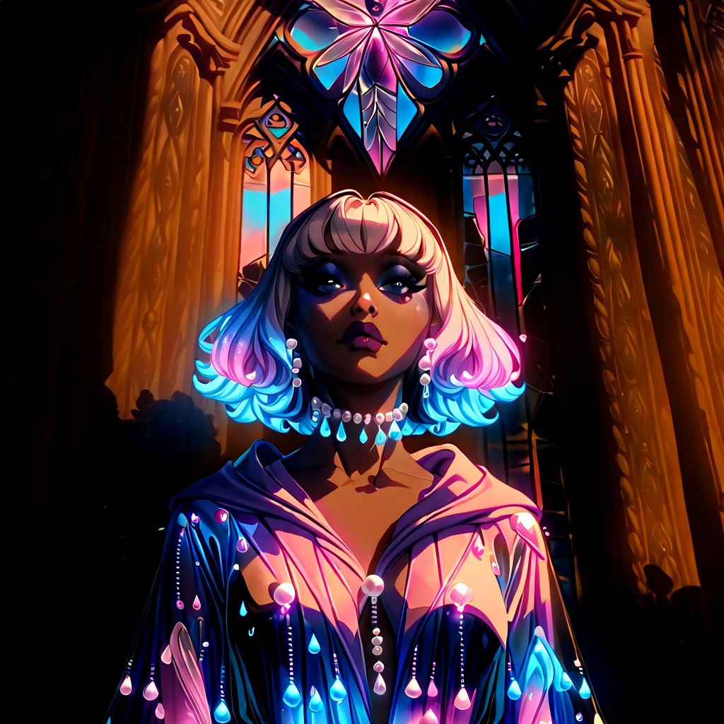 Realistic art, cinematic art, Bioluminescence translucent bodies. Everyone is wearing shattered glass Bioluminescence translucent Pearl transparent Neon robes, 32k. The ten are having a meeting with others citizens that look the woman but different colors. 5 men and 5 women bioluminescence translucent. Model Aitubo Waifu v2 Style None LoRA SDXL Dragon Style Image Dimension 832 x 1216 Masterpiece, hyper realistic, full view, they are a bioluminescence translucent cathedral the same color as the woman robes, bioluminescent translucent pearl neon hair,