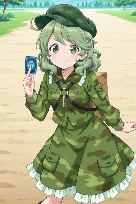 absurdres, highres, masterpiece, best quality, amazing quality, official anime artwork, screencap, anime screencap, outdoors, looking at viewer, light smile, dynamic pose, standing,
<lora:Takane-Yamashiro_Illustrious:1> yamashiro takane, 1girl, solo, green eyes, green hair, medium hair,, aqua hat, flat cap, key, green shirt, camouflage shirt, long sleeves, pocket, green skirt, camouflage skirt, frilled skirt, brown boots, shoulder strap, box,  holding card,
