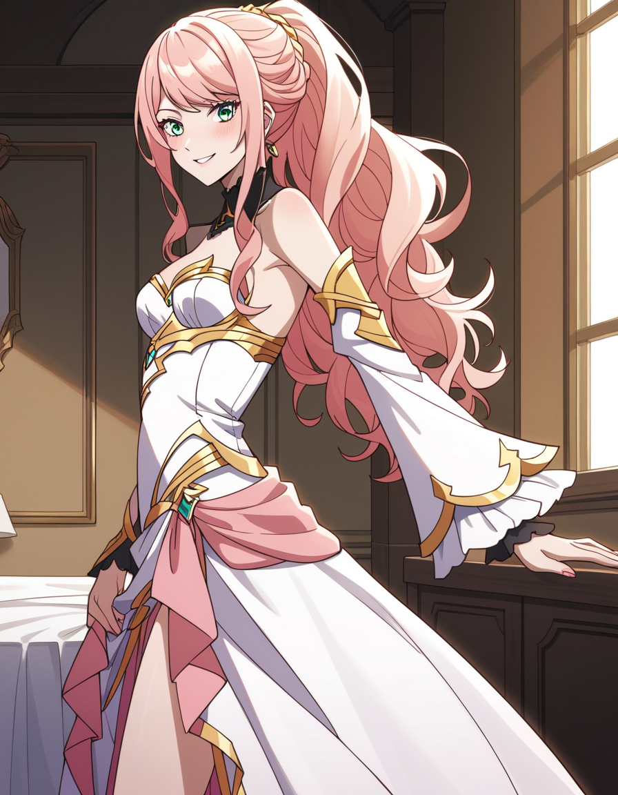 score_9, score_8_up, score_7_up, source_anime, uncensored, <lora:StS_detail_slider_v1:3>, zPDXLxxx, <lora:Lexia_Von_Arselia_PONYXL_VexVexX:1>, LexiaVonArselia, green eyes, pink hair, blonde hair, long hair, ponytail, wavy hair, bangs, makeup, medium-small breasts, dress, long dress, white dress, bare shoulders, jewelry, detached sleeves, detached collar, cowboy shot, bedroom, from side, Jumping squat with a twist, rotating the torso to one side upon jumping, thighs, looking at viewer, smile,
