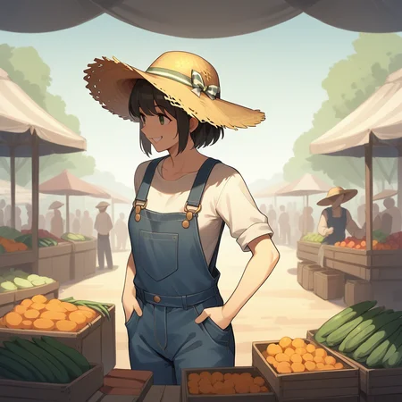 score_9, score_8_up, score_7_up, score_6_up, score_5_up, score_4_up, zPDXL2,source_anime,rating_questionable,cowboy shot,1girl,smile, crowd, straw hat, overalls, <lora:Produce_Market:0.8> m4rket, outdoors, day, fruit, vegetable, market stalls