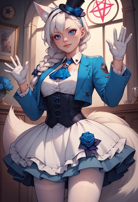 score_9, score_8_up, score_7_up, score_6_up, score_5_up, score_4_up, rating_explicit, BREAK, <lora:fubukiXL-10:0.75> fubukielegant, braided ponytail, blue coat, blue ascot, blue rose, corset, collared shirt, grey skirt, frilled skirt, white pantyhose, white gloves, mini top hat, hairband, white hair, piercing, fox tail, pentagram waving