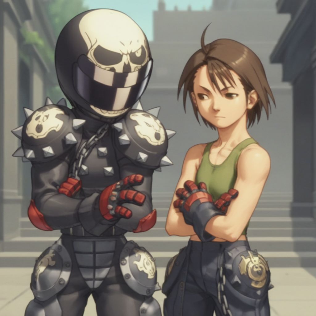 score_9, score_8_up, score_7_up, masterpiece, source_anime, anime screencap, slender, 1girl, flat chest, <lora:Akira:1>, Akira, short hair, brown hair, gloves,ahoge ,2girls , armor,chain, helmet, tank top,spikes