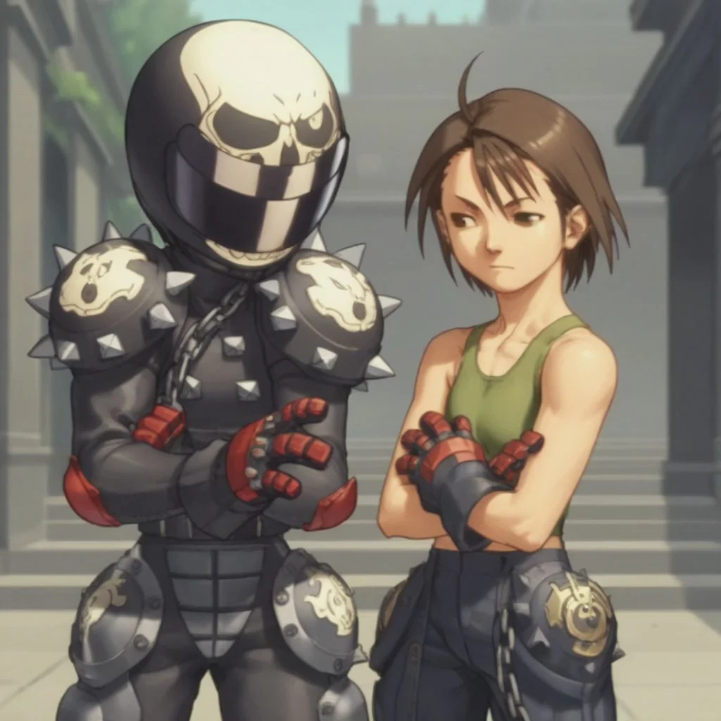 score_9, score_8_up, score_7_up, masterpiece, source_anime, anime screencap, slender, 1girl, flat chest, <lora:Akira:1>, Akira, short hair, brown hair, gloves,ahoge ,2girls , armor,chain, helmet, tank top,spikes