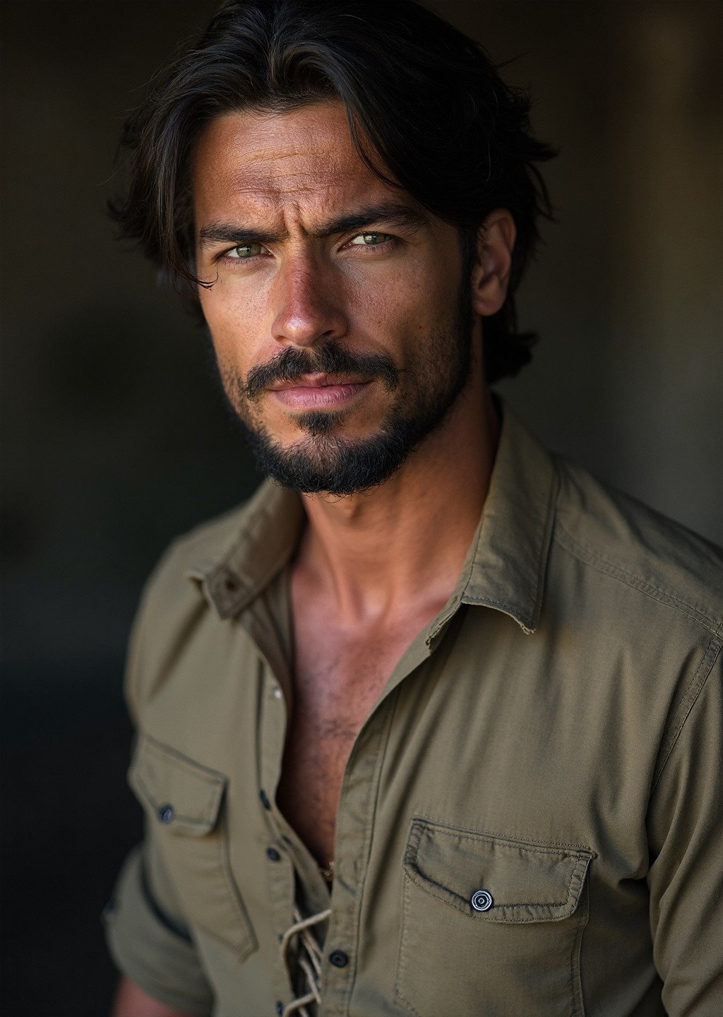 This captivating portrait depicts a ruggedly handsome individual man with a commanding presence. Shot from a slight angle, the camera captures the subject's profile, emphasizing his strong features and introspective demeanor. The soft, warm lighting, likely achieved through the use of natural and artificial light sources, accentuates the subtle nuances of his facial expression, imbuing the image with a sense of depth and dimensionality.

The subject's dark, wavy hair falls across his forehead, framing his angular face and adding to his brooding aura. A well-defined beard and mustache complement his sharp jawline, creating a sense of rugged authenticity. The muted, earthy tones of his attire, a loose-fitting shirt with a laced front, blend seamlessly with the surrounding environment, drawing the viewer's attention to the subject's striking features.

This image is suitable for a general audience and is not suggestive or explicit in nature. It is safe for work (sfw). The overall effect is one of quiet intensity, inviting the viewer to contemplate the subject's enigmatic presence.