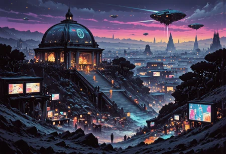A digital artwork in the style of cknc: an intricate, high-contrast Shinto shrine nestled in misty mountain terrain at sunset. A long staircase with tori gates ascends through rocky woodland towards the shrine, depicted in a busy vector cartoon illustration with refulgent, hyphae-like, indigo blue, galactic elements in a British comic style. Features an exhausted, romantic, mystifying, rapid-fire, concave conceptual futuristic gothic hardsurface device design on a table, within a moody repair shop aesthetic by California, set in dystopian and surreal surroundings.
Alternatively, the U.S. Capitol Building is reimagined as the futuristic headquarters of the Weyland-Yutani Corporation. Classical architecture blends seamlessly with sleek, technological enhancements, creating a cyberpunk aesthetic. The dome displays the glowing Weyland-Yutani logo, signifying corporate dominance. Neon corporate advertisements illuminate the night sky, contrasting with the landmark's metallic marble facade and transparent aluminum windows. Durable, synthetic materials reinforce the columns. Aerial vehicles streak across the image, while a colossal holographic dragonfly spaceship hovers above. The grounds are a bustling hub of robotic workers and augmented reality users. The scene juxtaposes the past and present, symbolizing corporate power intertwined with political history, redefining the skyline.