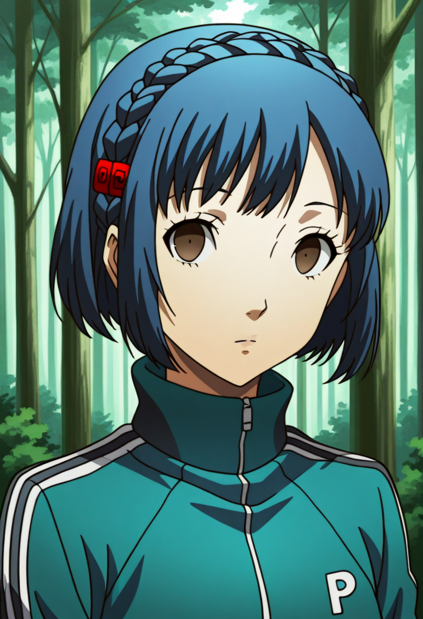 1 girl, solo, cute face,
p4aika, short hair, blue hair, hair ornament, crown braid,
track jacket, jacket,
looking at viewer, expressionless,
outside, forest,
masterpiece, best quality, ultra detailed,