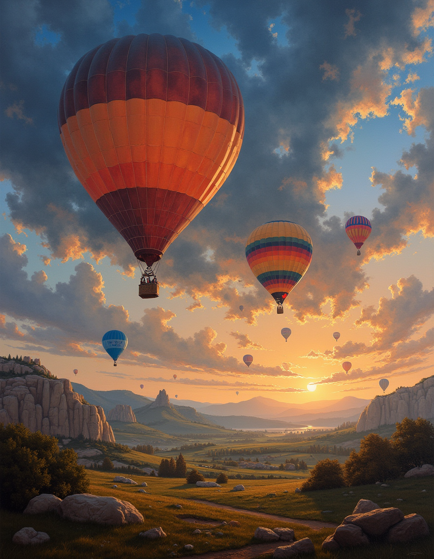 An atmospheric painting of a a hot air balloon festival