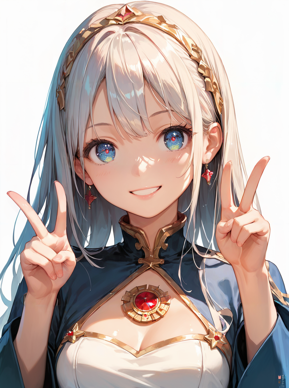 score_9, score_8_up, score_7_up,source_anime, high res image,masterpiece,best quality,(girl:1.0),cute face,clear skin,shiny hair,ultra detailed eyes,simple background,   <lora:double v_pony_V1.0:0.4> double v,smile